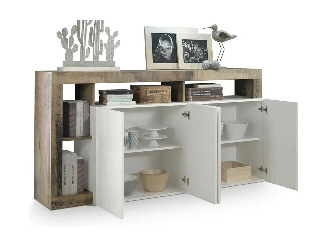 Buffet BURA – 4 portes – Blanc laqué brillant et chêne clair – Design moderne – L184 cm