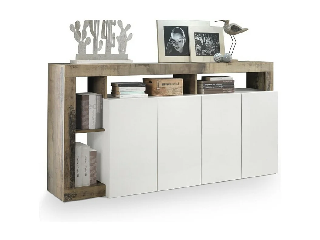 Buffet BURA – 4 portes – Blanc laqué brillant et chêne clair – Design moderne – L184 cm