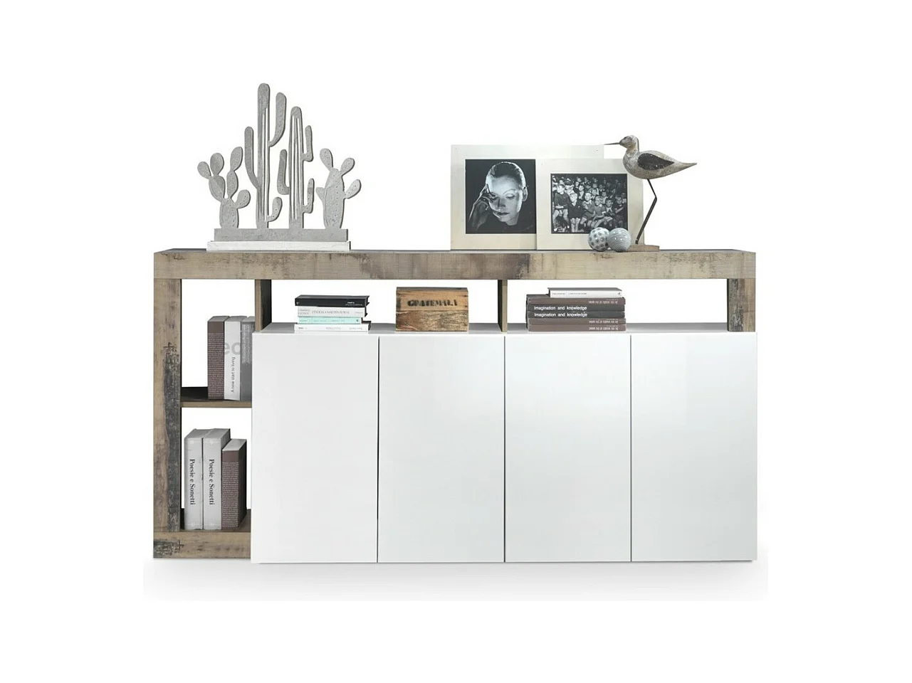 Buffet BURA – 4 portes – Blanc laqué brillant et chêne clair – Design moderne – L184 cm