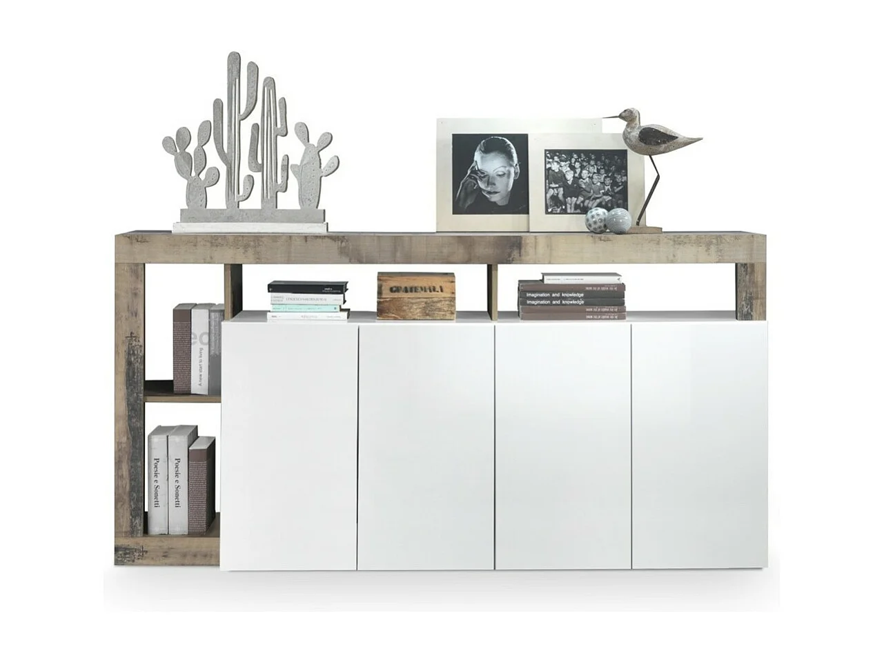 Buffet BURA – 4 deuren – Glanzend wit gelakt en licht eiken – Modern ontwerp – L184 cm