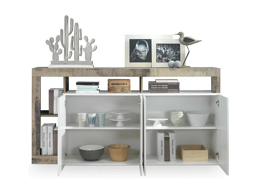 Buffet BURA – 4 deuren – Glanzend wit gelakt en licht eiken – Modern ontwerp – L184 cm