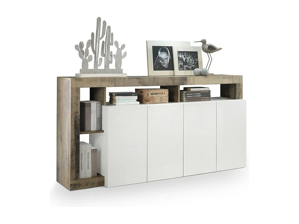 Buffet BURA – 4 deuren – Glanzend wit gelakt en licht eiken – Modern ontwerp – L184 cm
