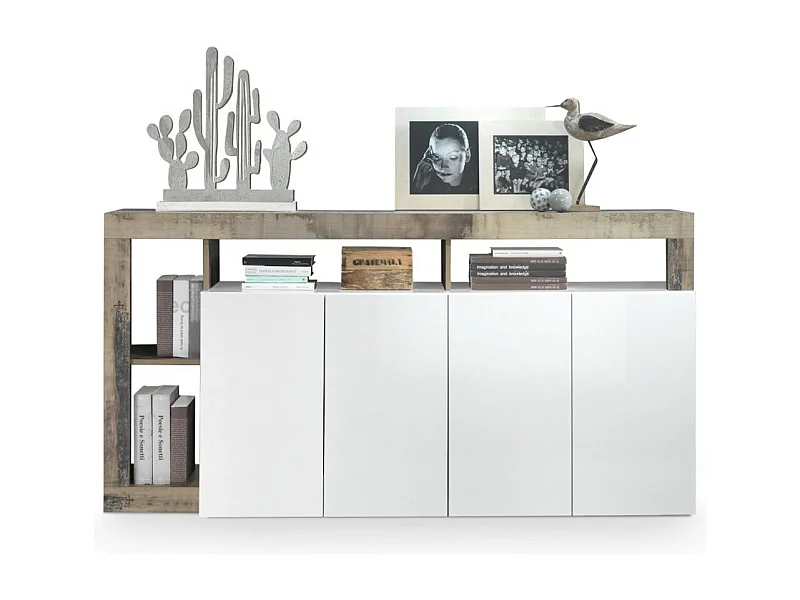 Buffet BURA – 4 deuren – Glanzend wit gelakt en licht eiken – Modern ontwerp – L184 cm