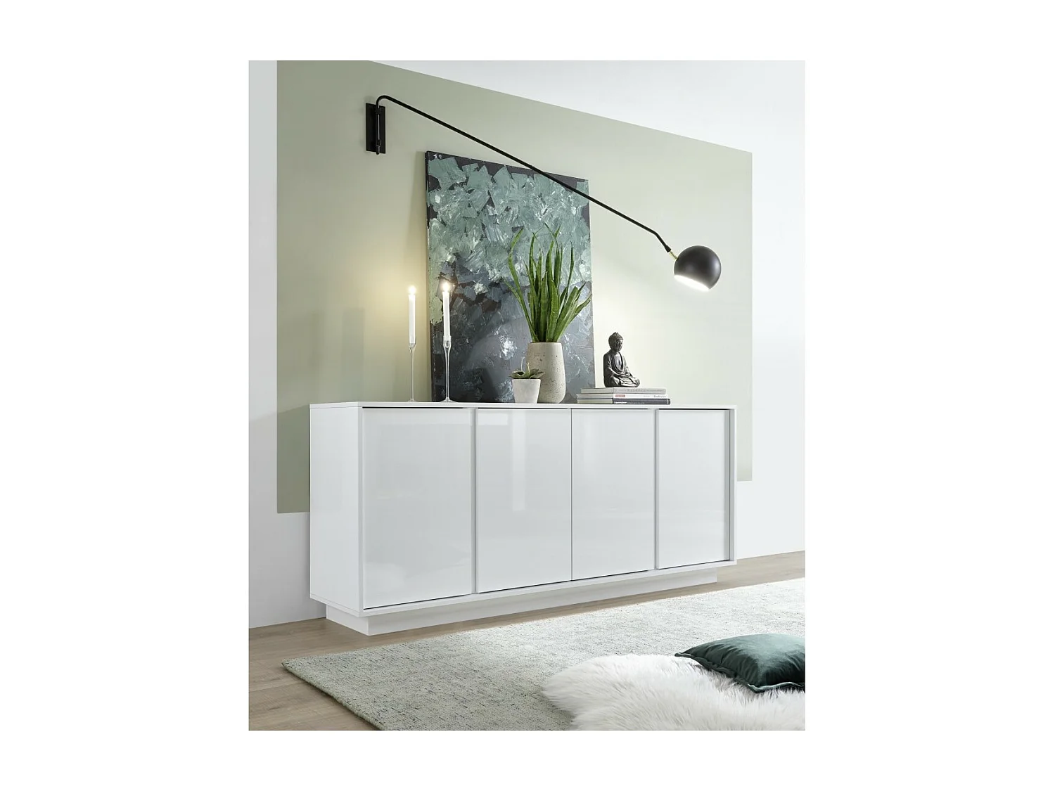 Buffet met 4 deuren, collectie CREAM, in glanzend wit gelakt, ideaal voor een modern woonkamer of eetkamer.
