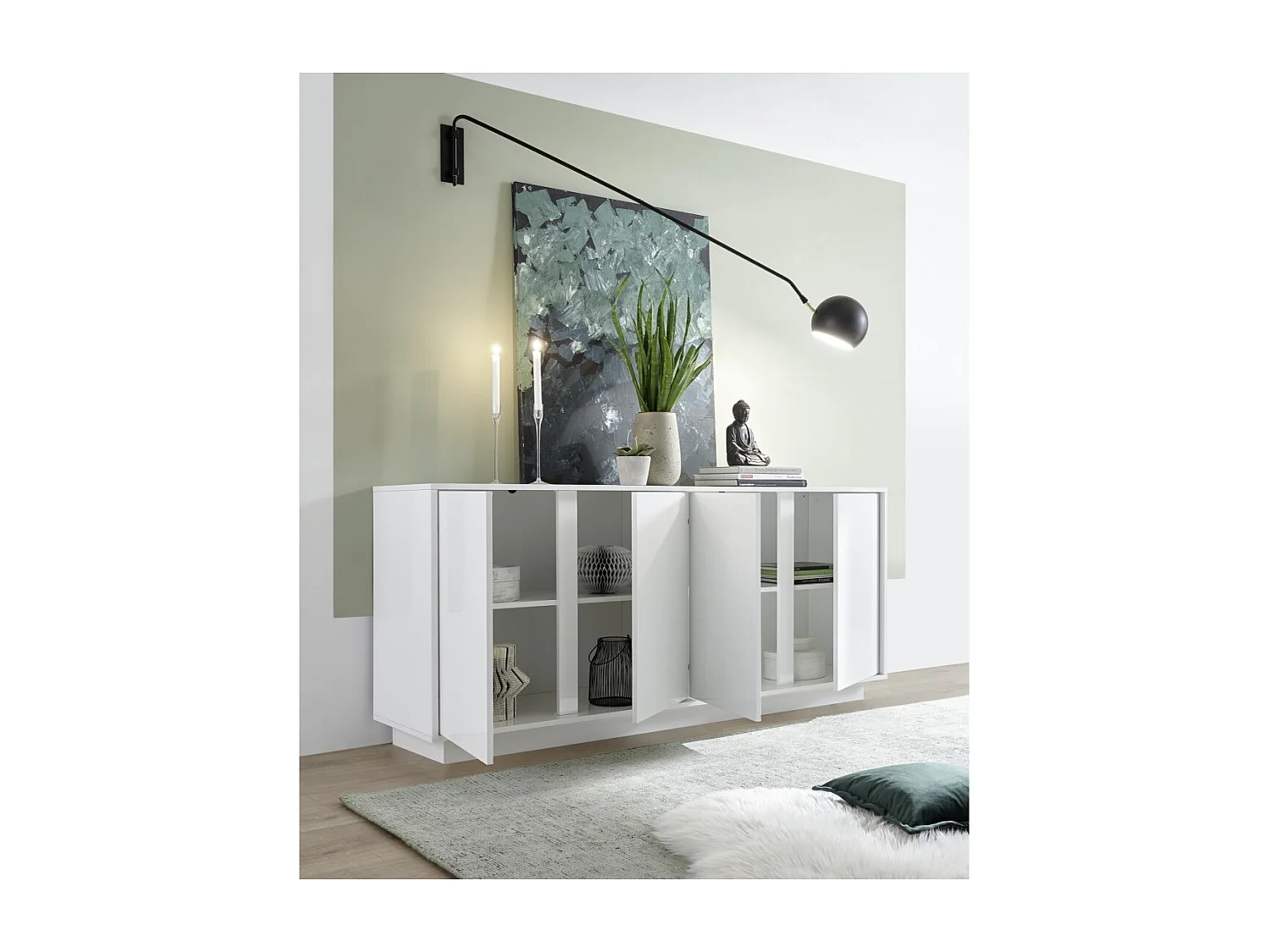 Buffet met 4 deuren, collectie CREAM, in glanzend wit gelakt, ideaal voor een modern woonkamer of eetkamer.
