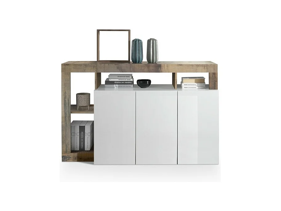 Buffet 3 deuren collectie BURA, kleur glanzend wit lak en licht eiken