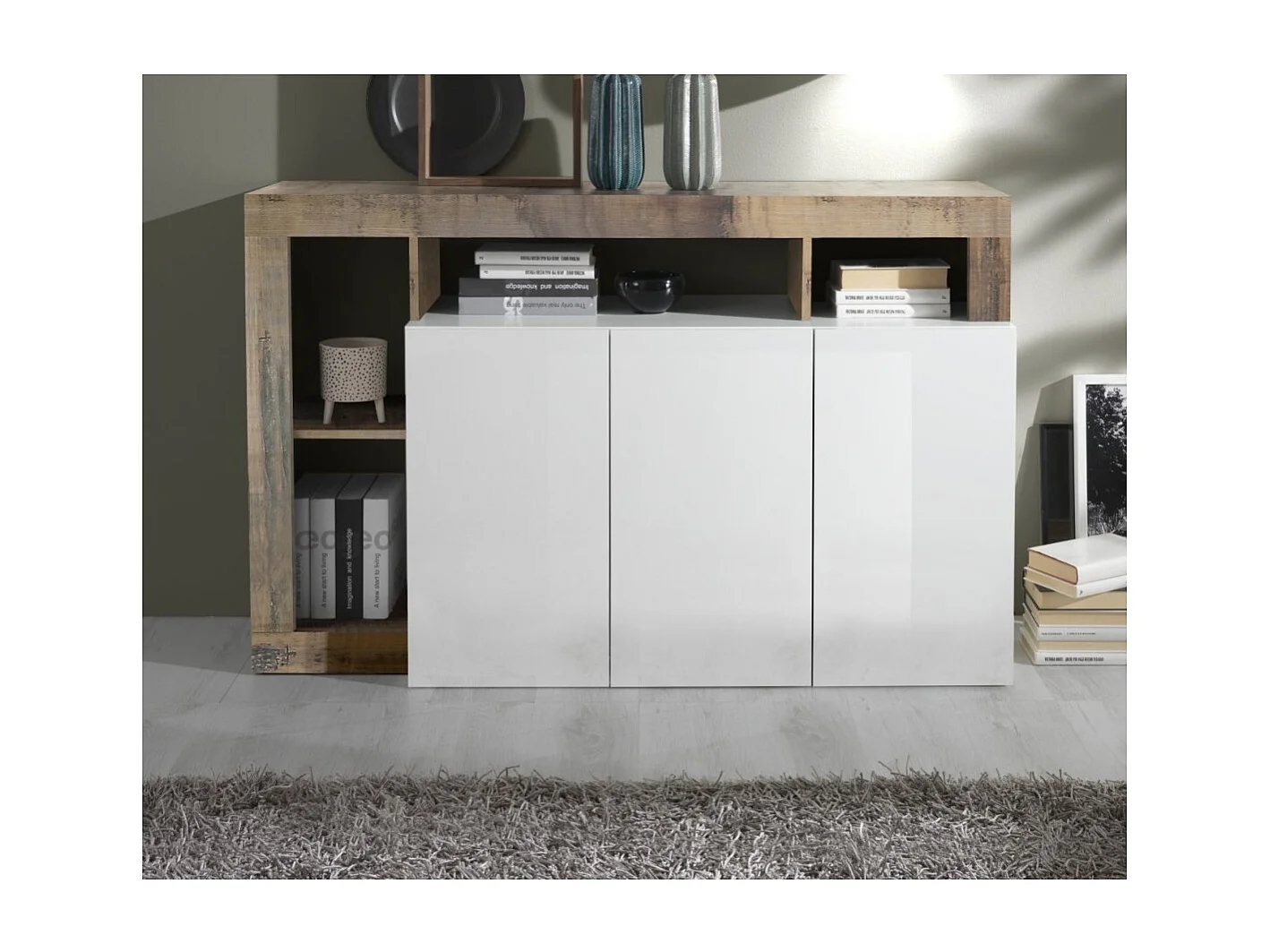 Buffet 3 portes collection BURA, coloris blanc laqué brillant et chêne clair