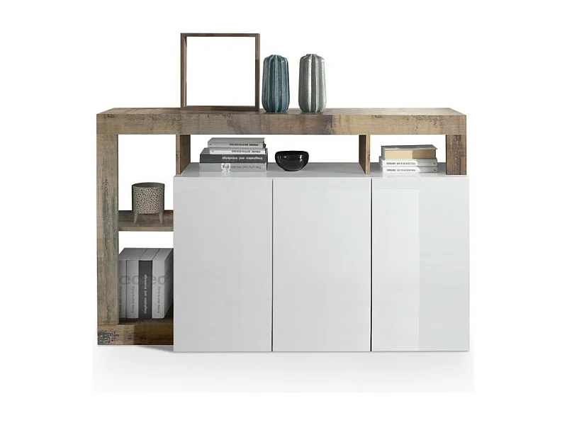 Buffet 3 portes collection BURA, coloris blanc laqué brillant et chêne clair