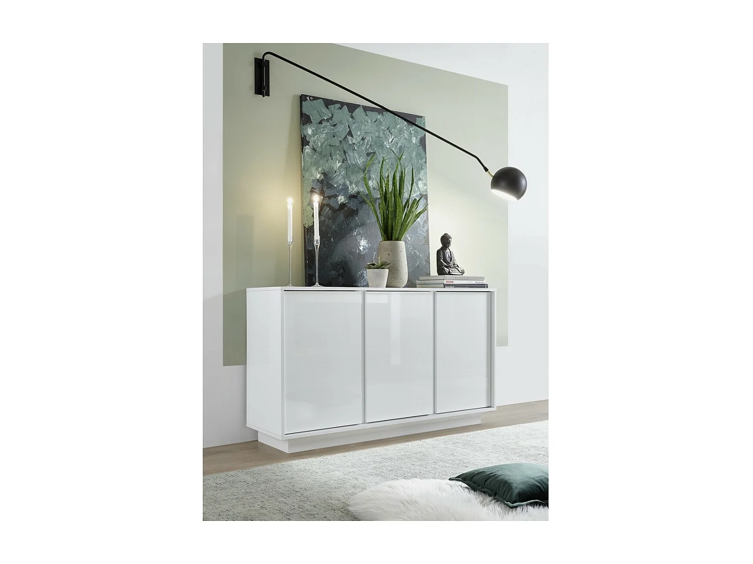 Buffet de 3 portas, coleção CREAM, cor branca laqueada brilhante, ideal para uma sala de estar ou sala de jantar moderna.