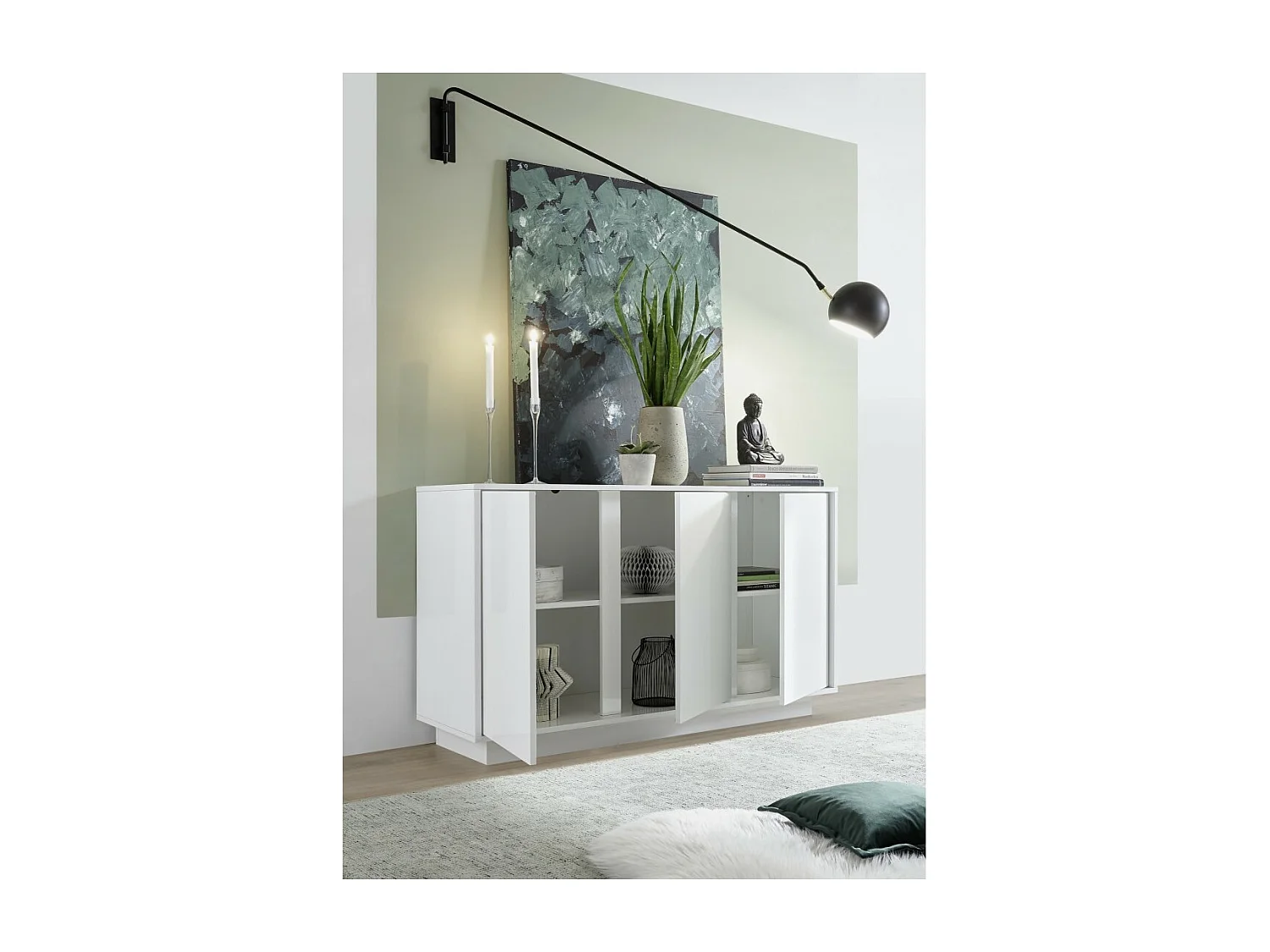 Buffet de 3 portas, coleção CREAM, cor branca laqueada brilhante, ideal para uma sala de estar ou sala de jantar moderna.