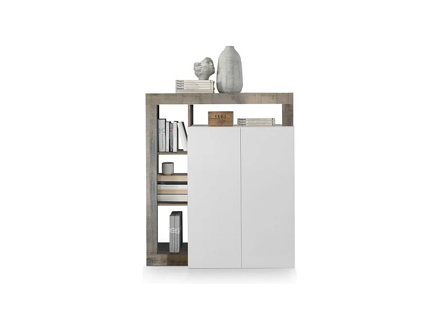 Hoher Buffetschrank mit 2 Türen, Kollektion BURA, in glänzendem Weiß lackiert und hellem Eichenholz