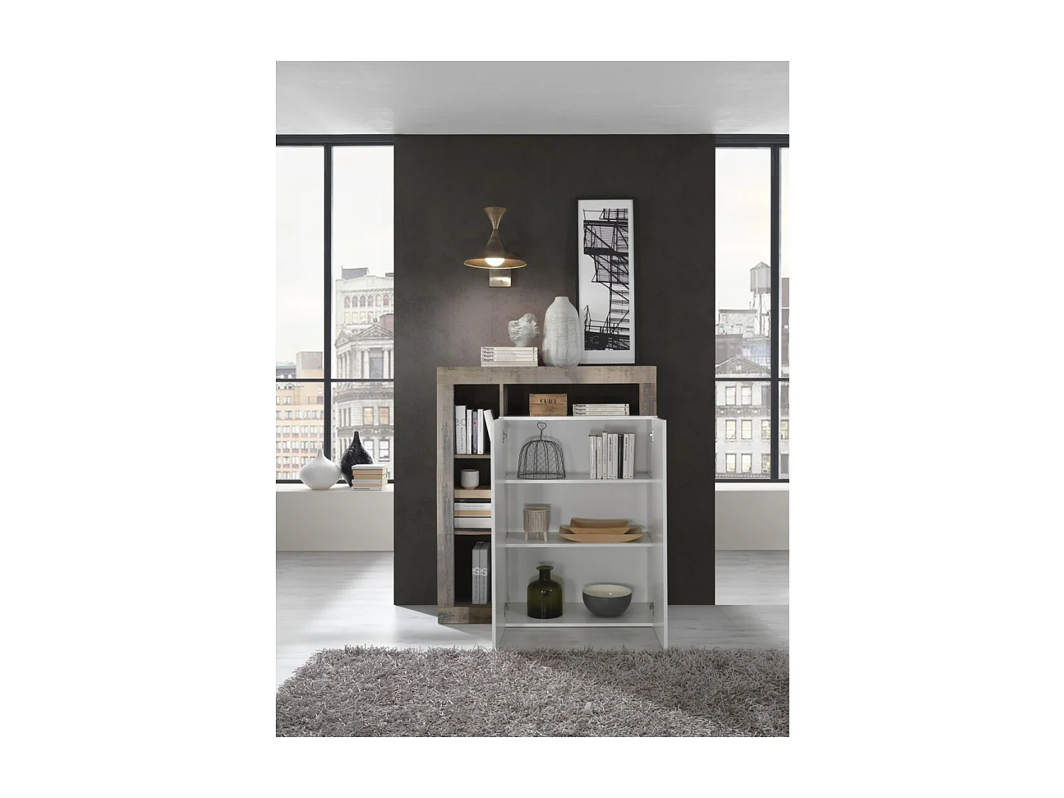 Buffet haut 2 portes, collection BURA, coloris blanc brillant laqué et chêne clair