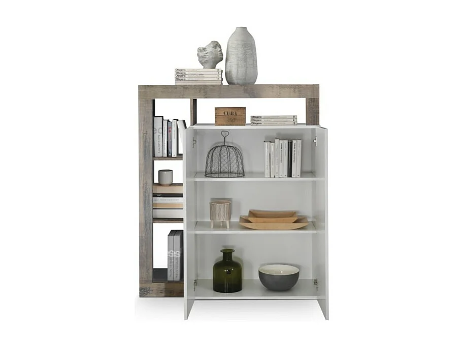 Buffet haut 2 portes, collection BURA, coloris blanc brillant laqué et chêne clair