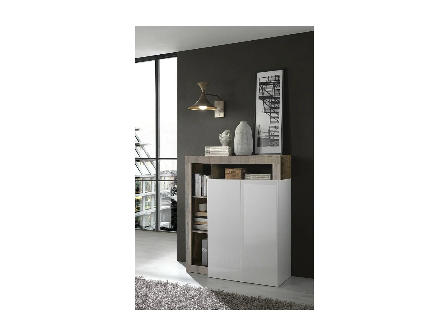 Buffet haut 2 portes, collection BURA, coloris blanc brillant laqué et chêne clair