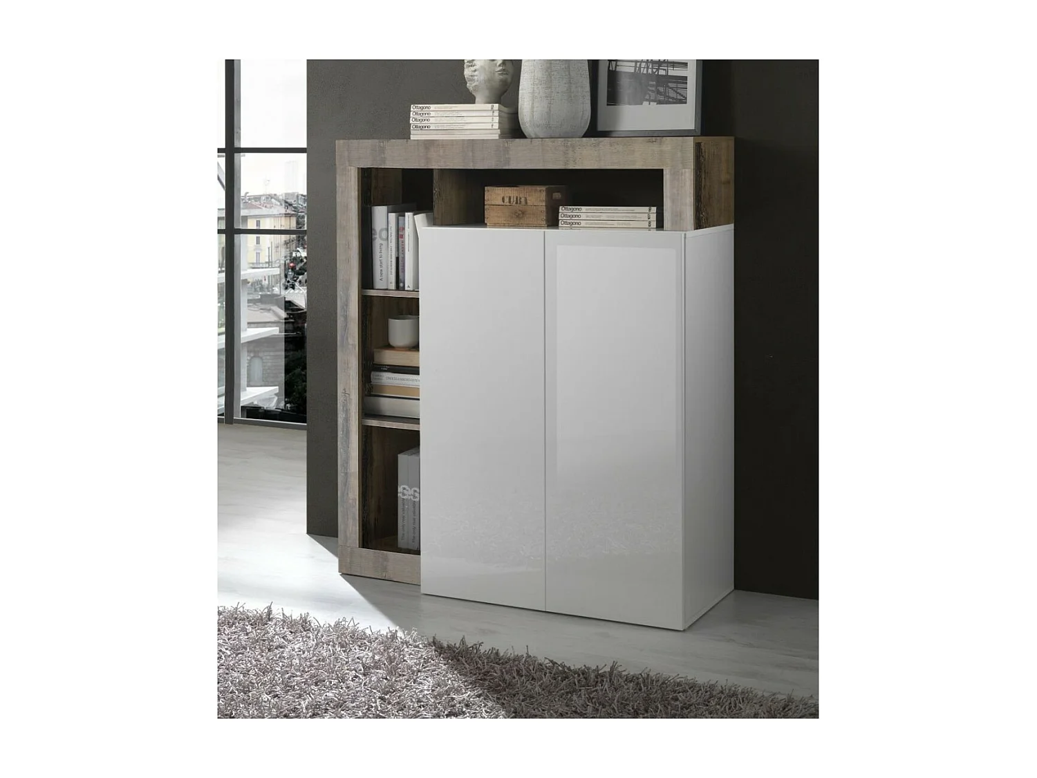 Buffet haut 2 portes, collection BURA, coloris blanc brillant laqué et chêne clair