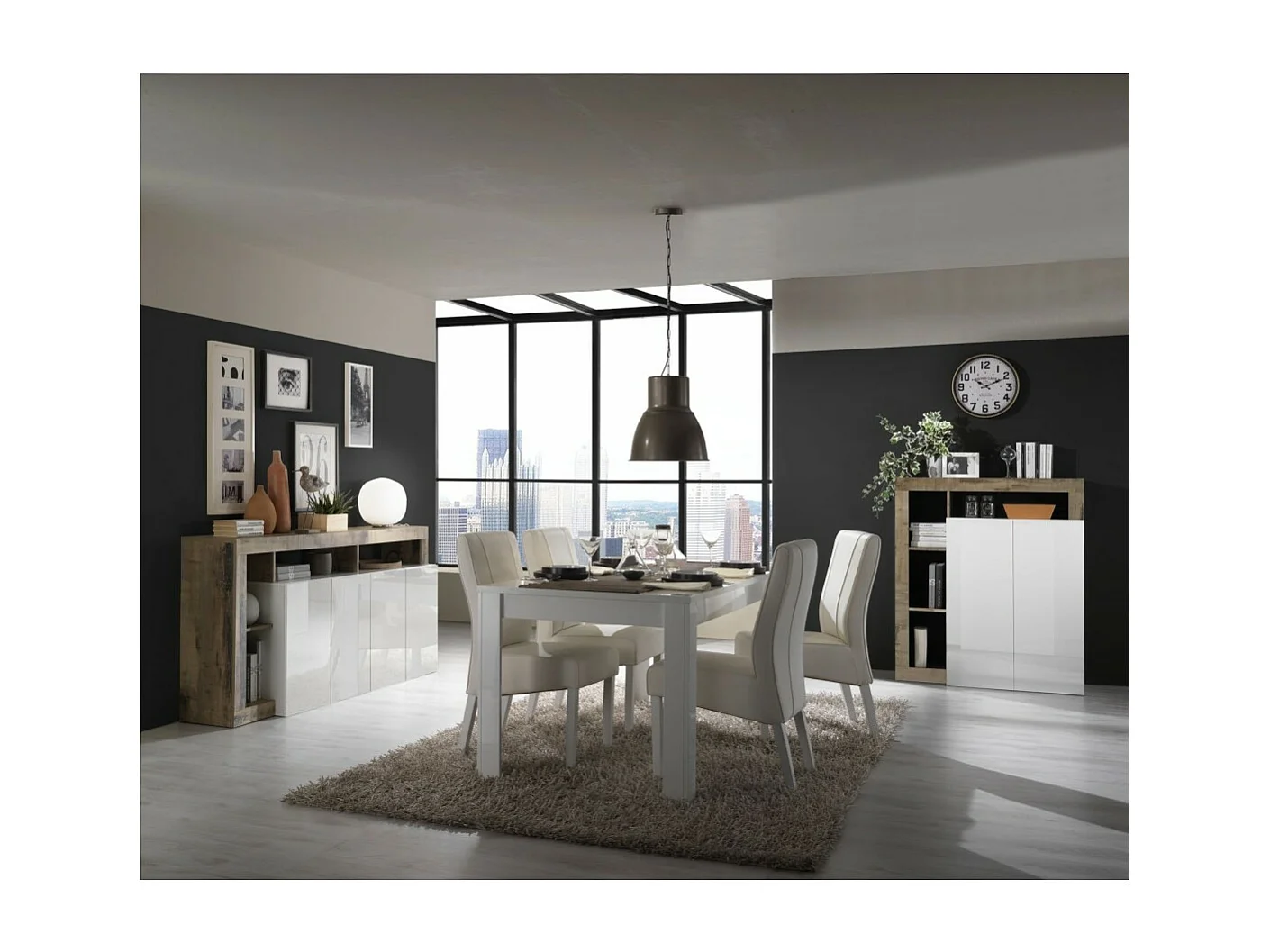 Buffet haut 2 portes, collection BURA, coloris blanc brillant laqué et chêne clair