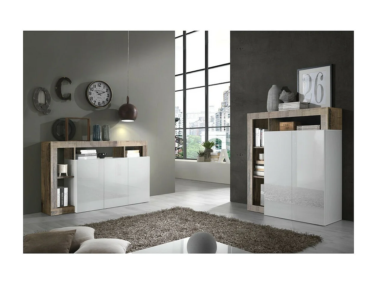 Buffet haut 2 portes, collection BURA, coloris blanc brillant laqué et chêne clair