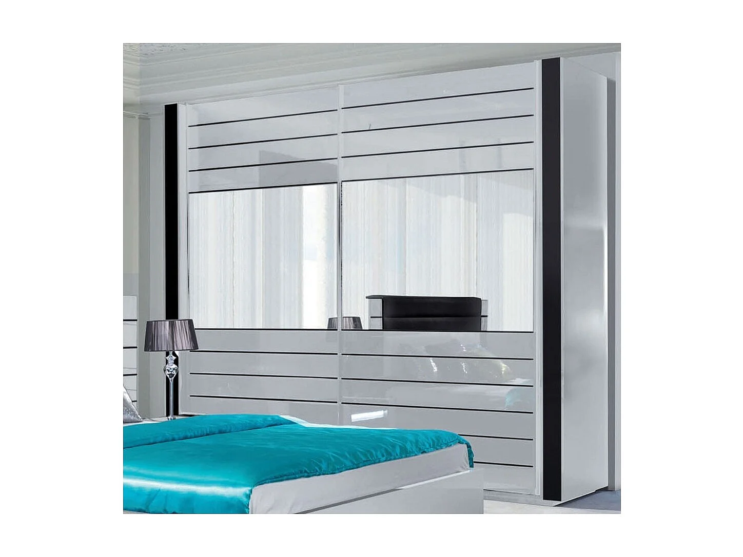 Armário branco e preto brilhante, coleção LINA. Guarda-roupa design para o seu quarto.