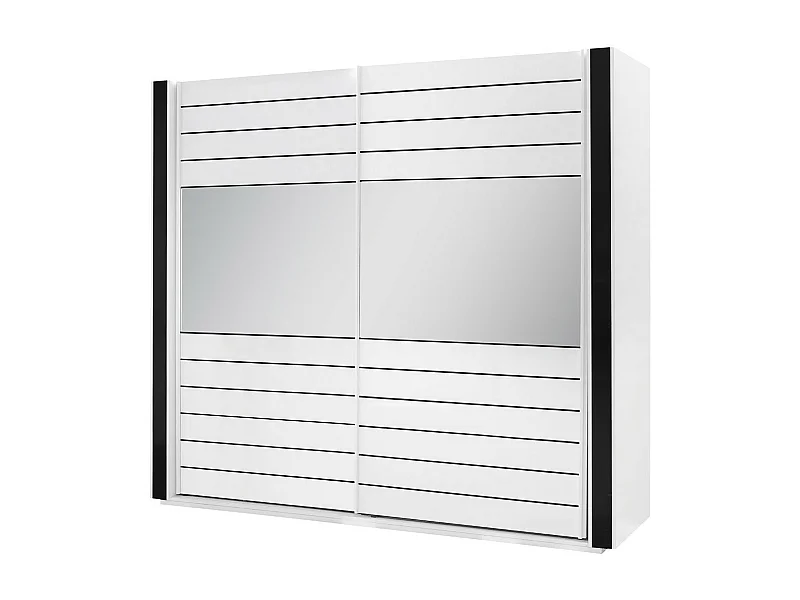 Armoire blanche et noire LINA – 220 x 225 x 68 cm avec 2 grandes penderies et 2 grands miroirs