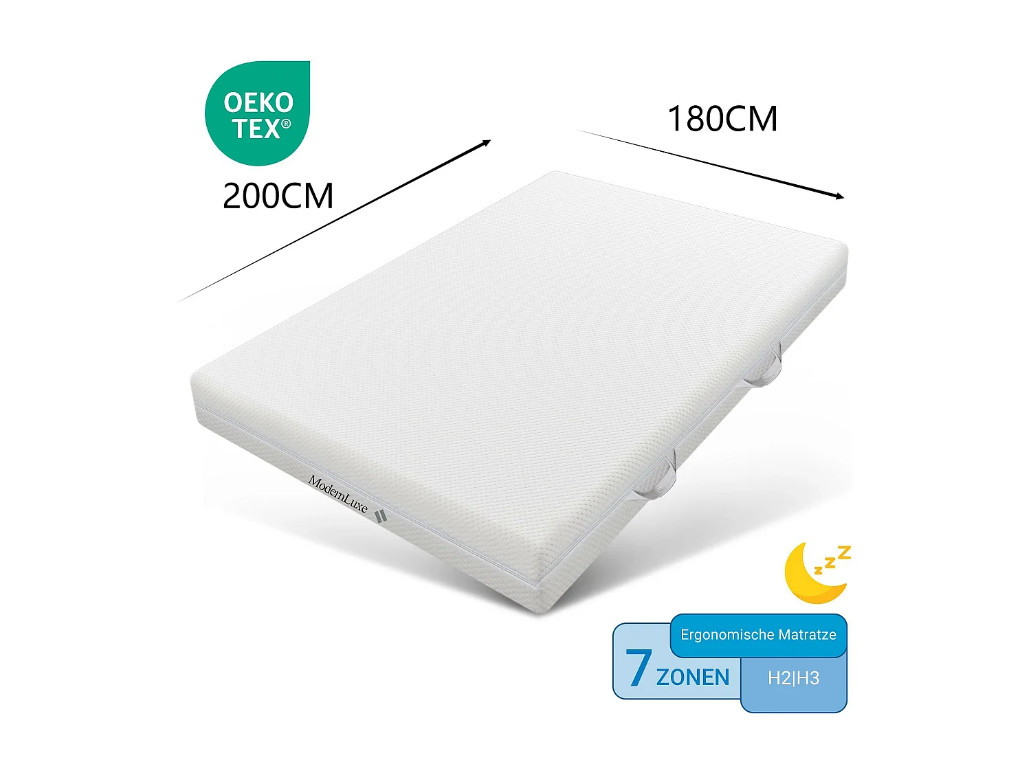 Colchón 180x200 cm espuma espesor 20cm - dureza H3&H2 - fibra lavable - Blanco