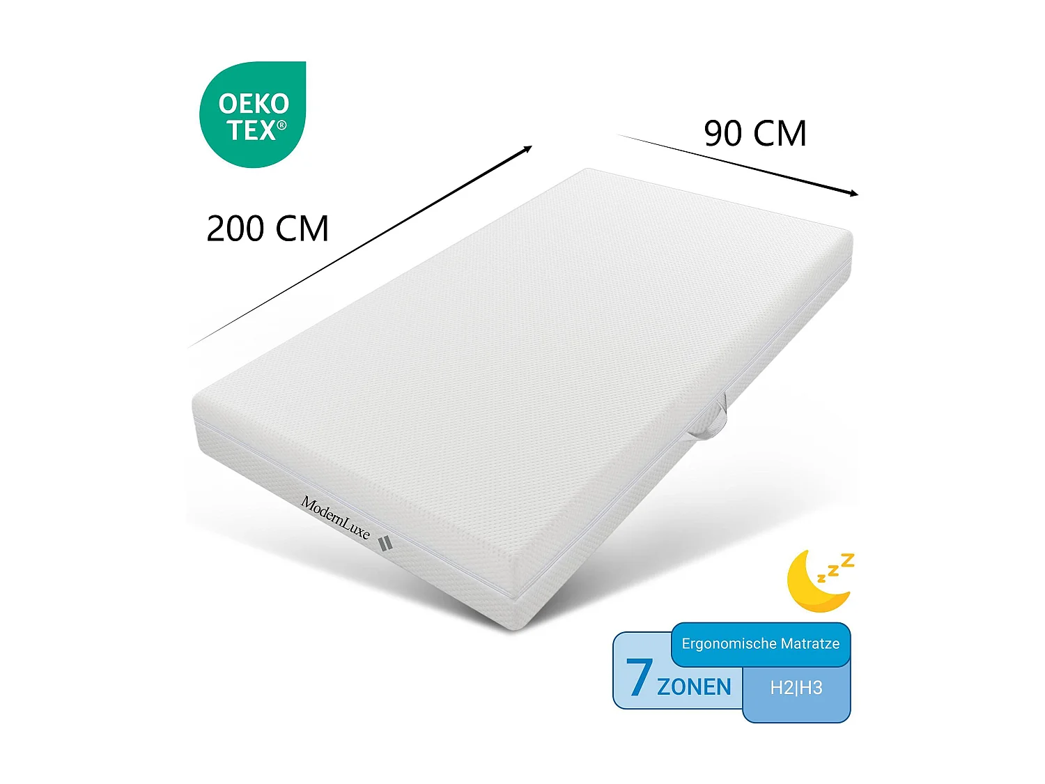 90x200 cm schuimmatras, dikte 20cm - hardheid H3&H2 - in wasbare vezels - Wit