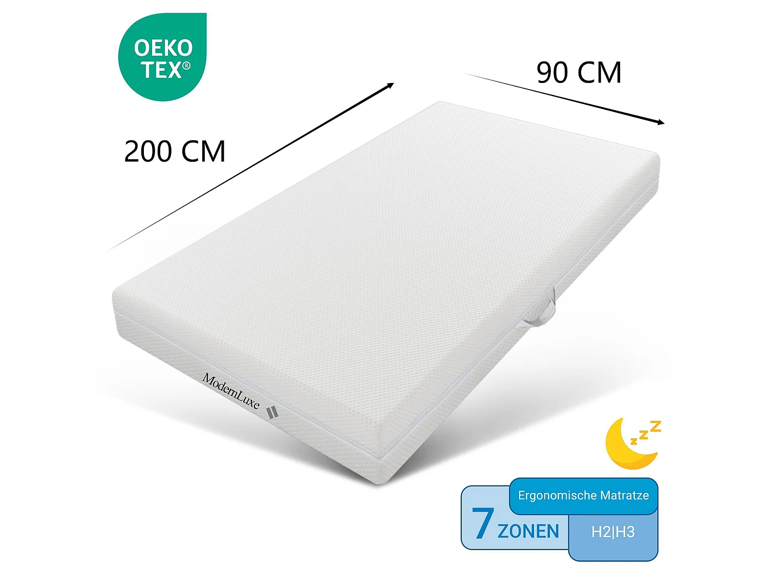 90x200 cm schuimmatras, dikte 20cm - hardheid H3&H2 - in wasbare vezels - Wit