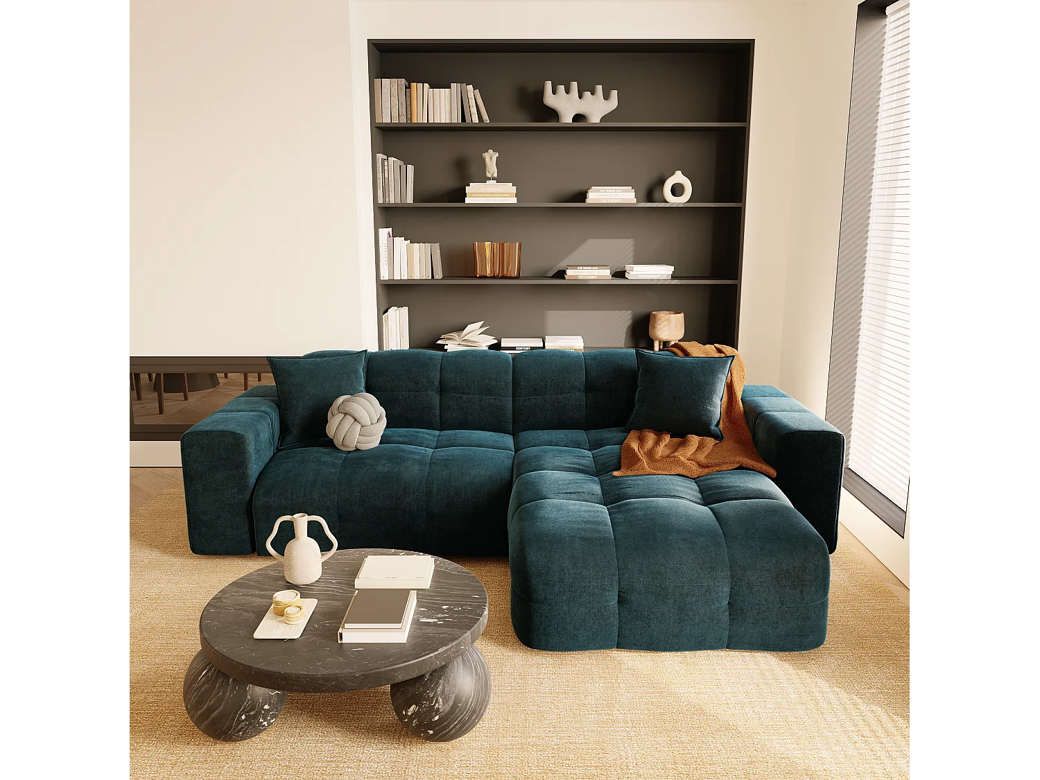 Canapé angle droit 5 places velours bleu paon 230cm