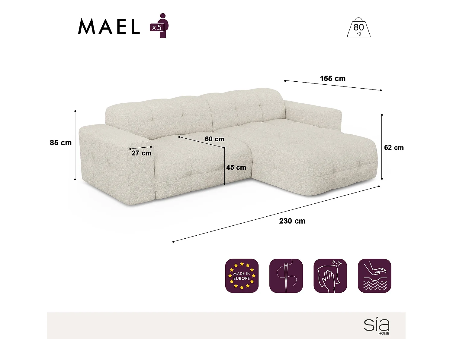 Canapé angle droit 5 places velours gris clair 230cm