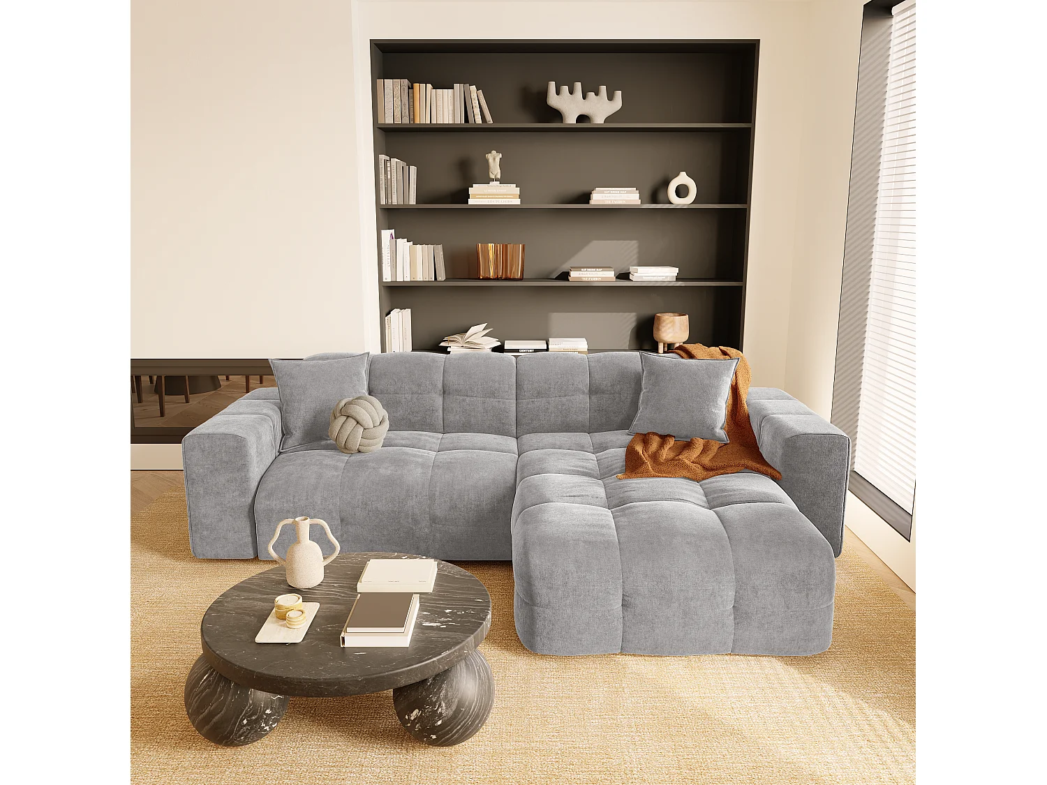 Canapé angle droit 5 places velours gris clair 230cm