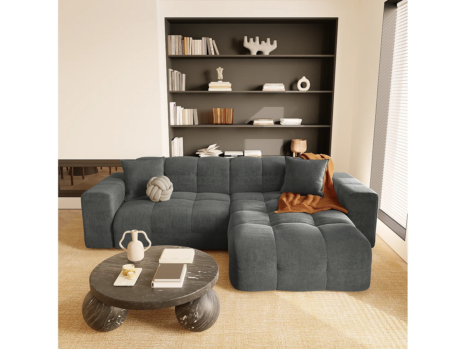 Canapé angle droit 5 places velours gris graphite 230cm