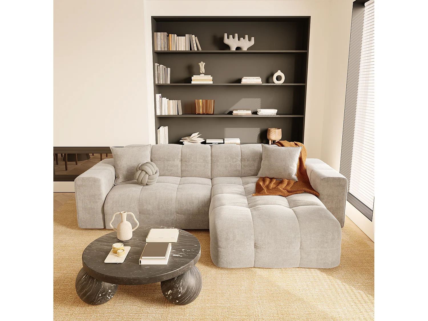 Canapé angle droit 5 places velours crème 230cm