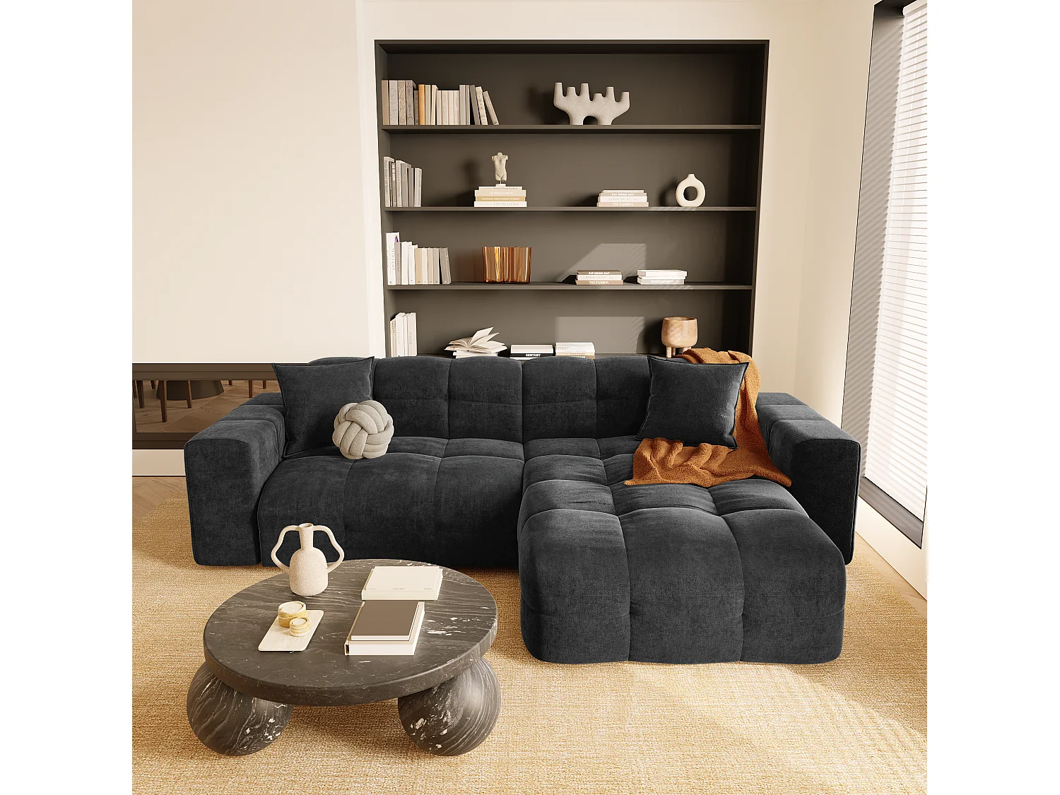 Canapé angle droit 5 places velours noir 230cm