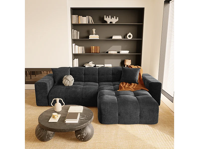 Canapé angle droit 5 places velours noir 230cm