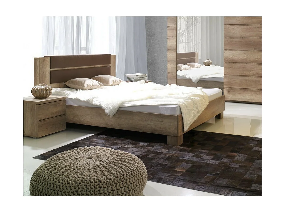 Ensemble Lit adulte 160 x200 avec deux chevets coloris chêne clair collection ROMI. Sommier inclus