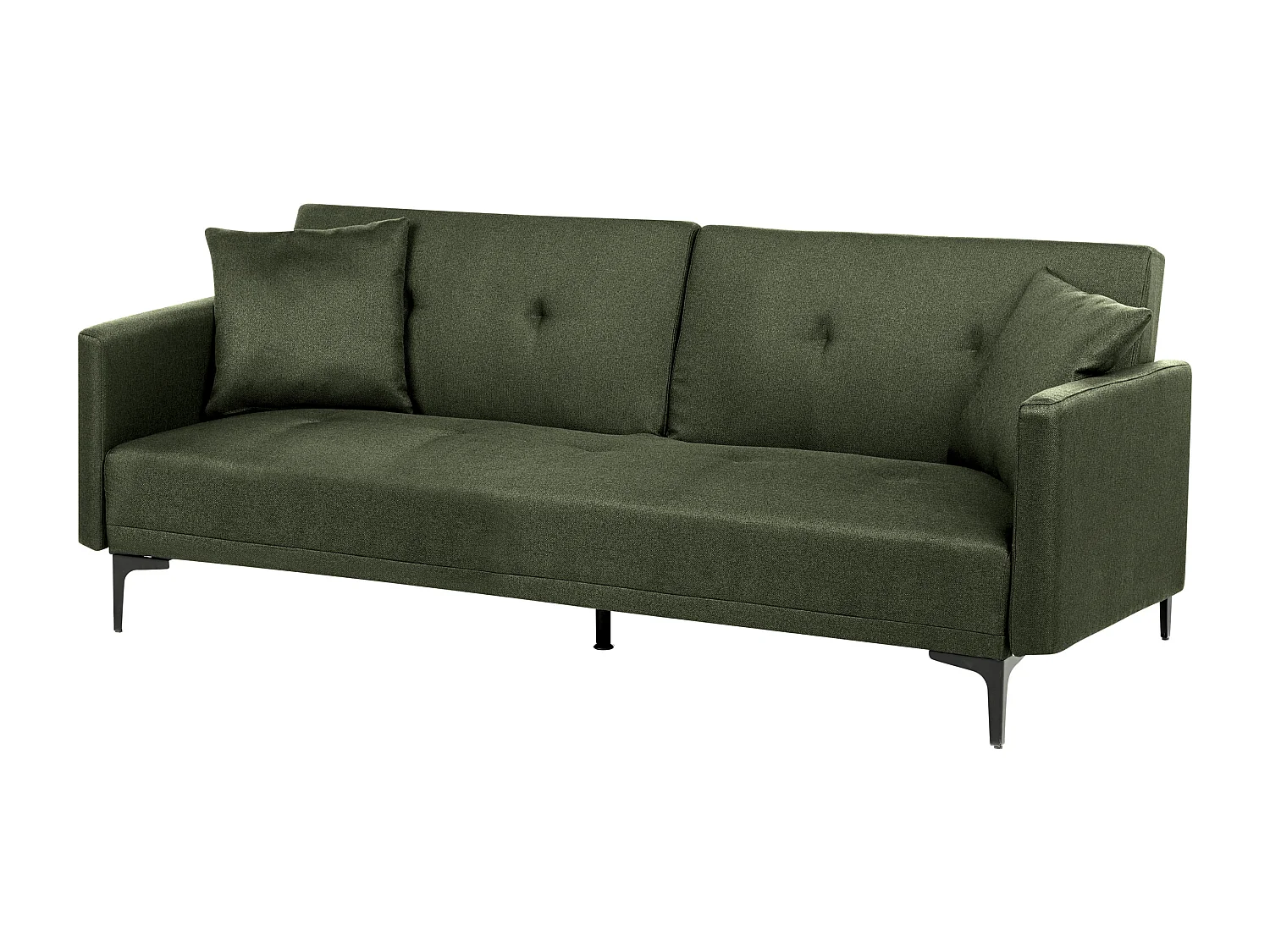 3-Sitzer Schlafsofa Stoff grün gesteppt mit Metallbeinen schwarz 2 Kissen Lucan