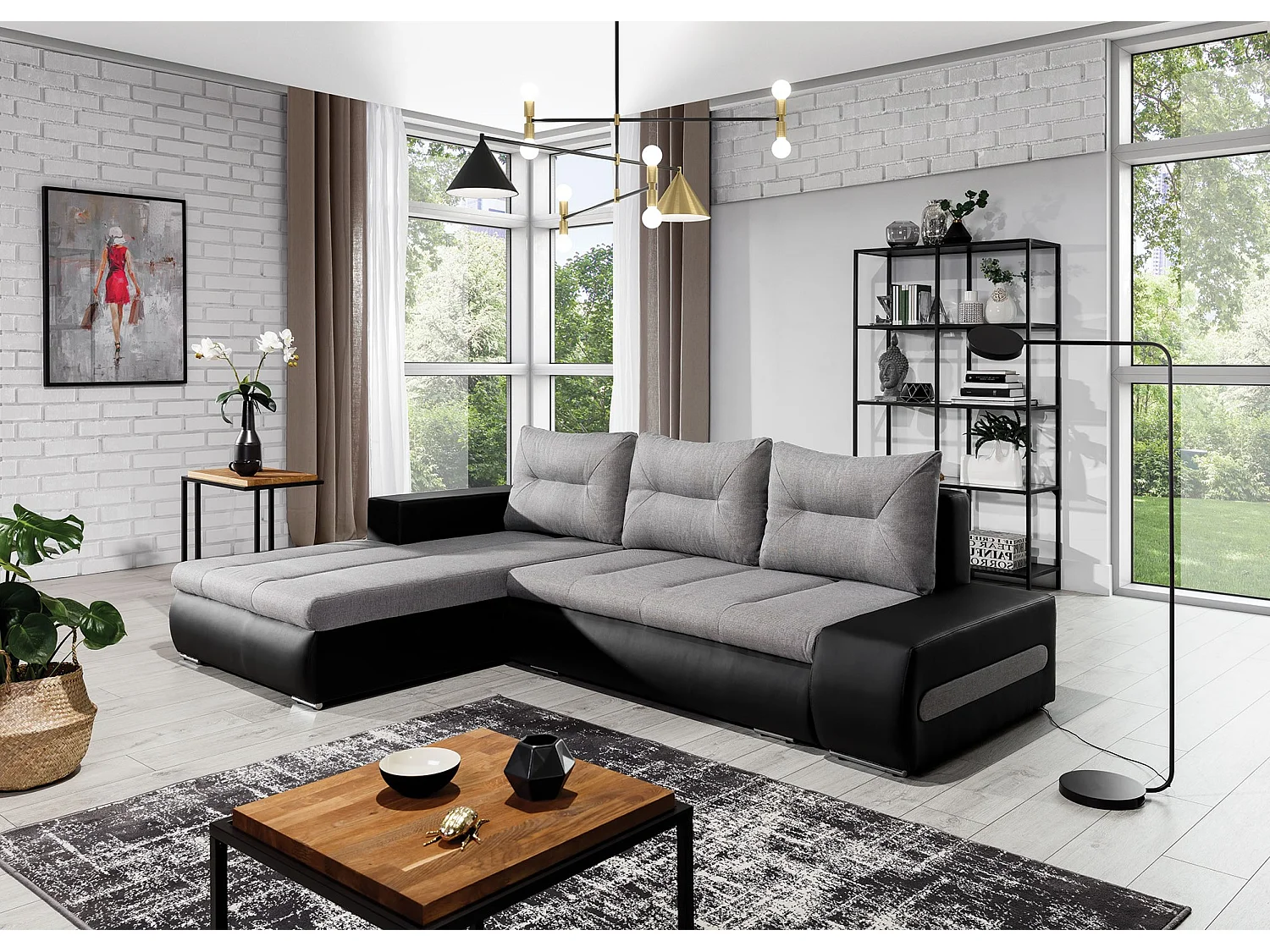 Divano d'angolo Legero L/Tessuto/Grigio&Nero