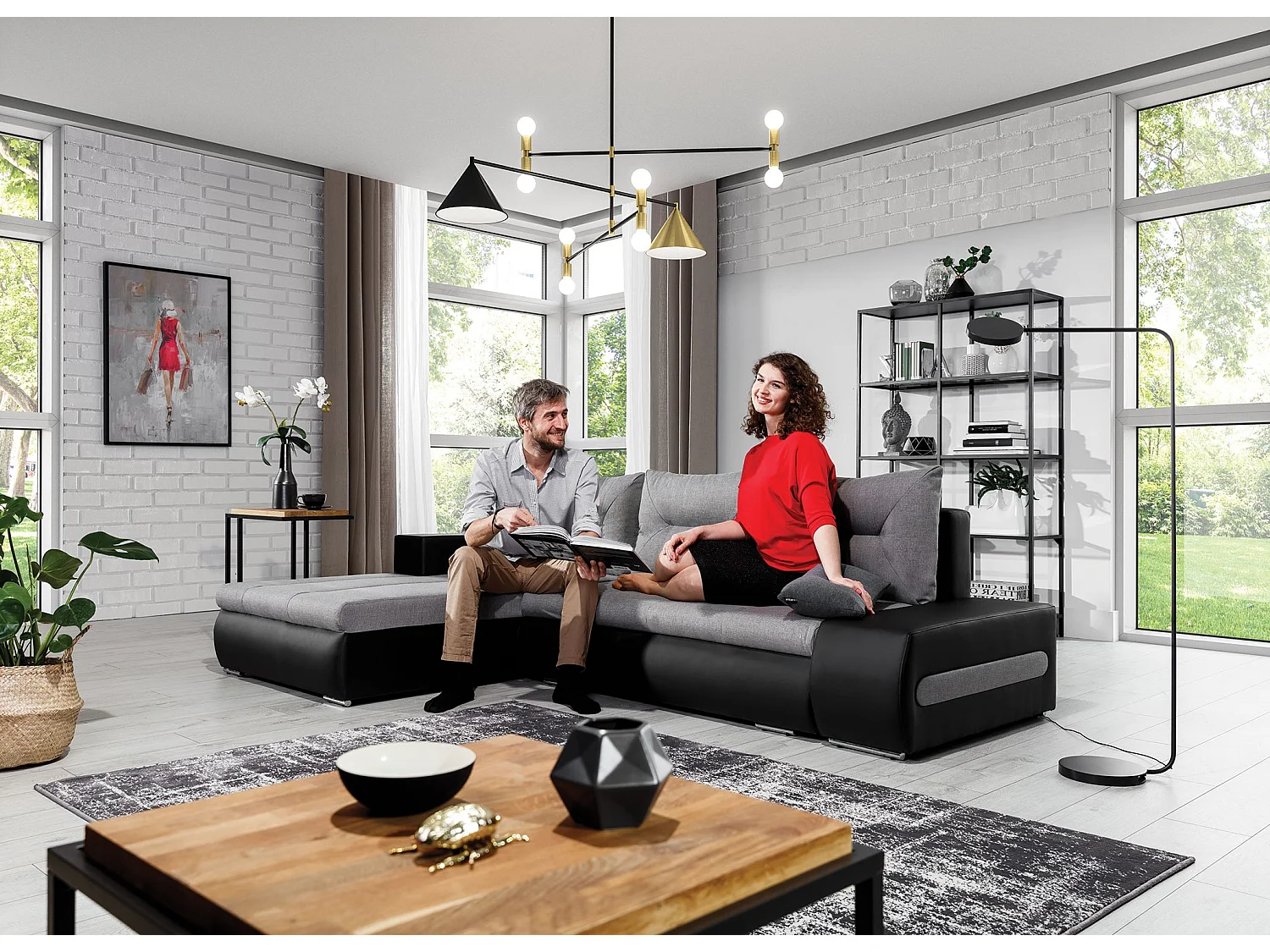 Divano d'angolo Legero L/Tessuto/Grigio&Nero