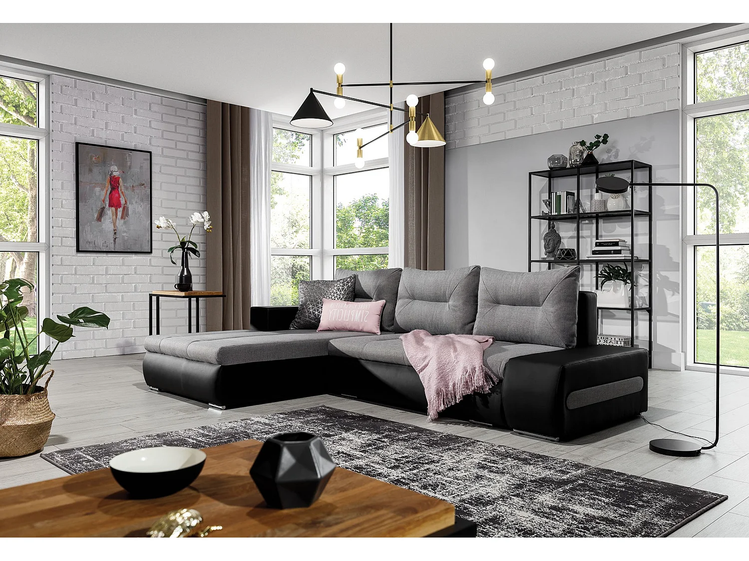 Canapé Corner Legero L/Tissu/Gris&Noir