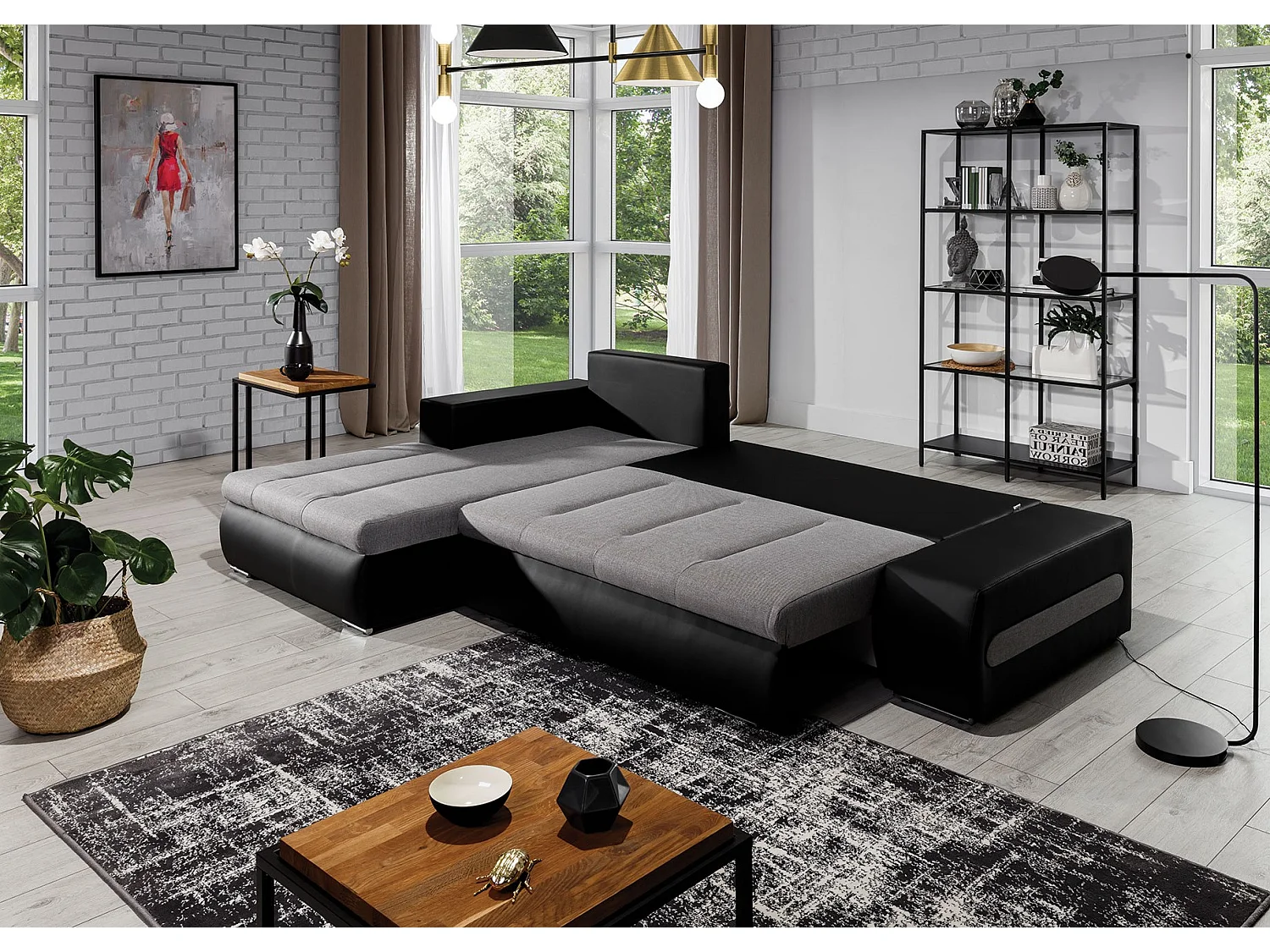 Canapé Corner Legero L/Tissu/Gris&Noir