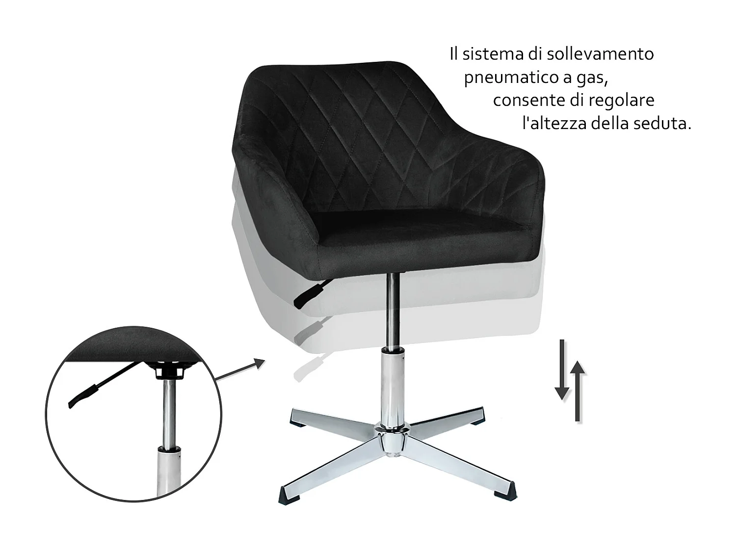 Poltrona ufficio regolabile in altezza in velluto nero, poltrona girevole mod. Louise