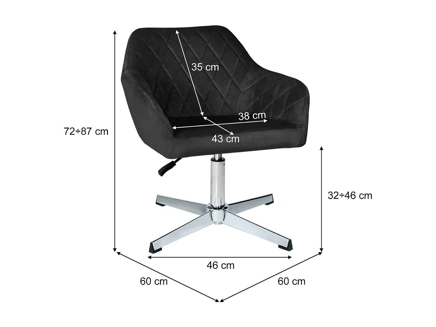 Poltrona ufficio regolabile in altezza in velluto nero, poltrona girevole mod. Louise