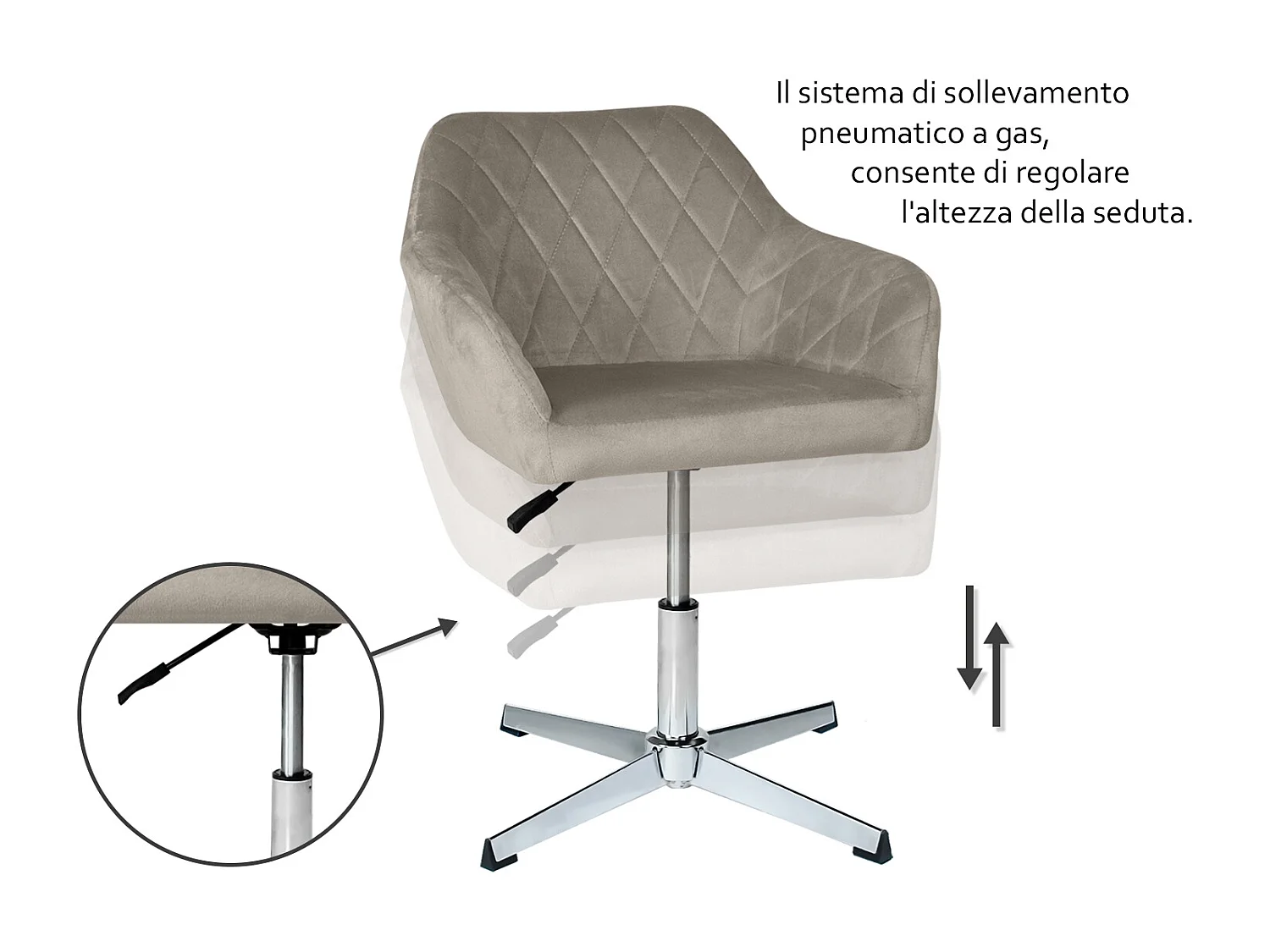 Poltrona ufficio regolabile in altezza in velluto tortora, poltrona girevole mod. Louise