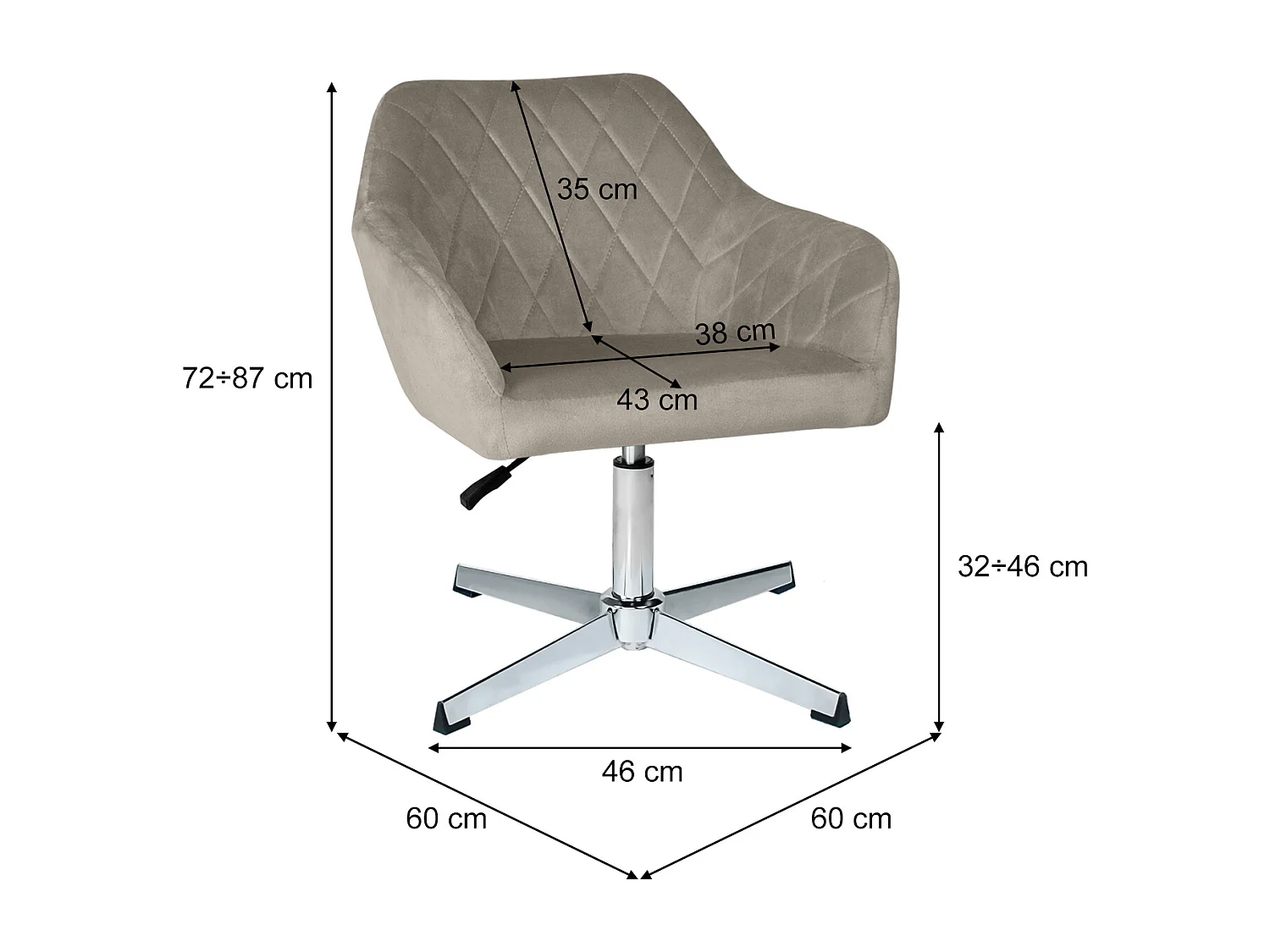 Poltrona ufficio regolabile in altezza in velluto tortora, poltrona girevole mod. Louise