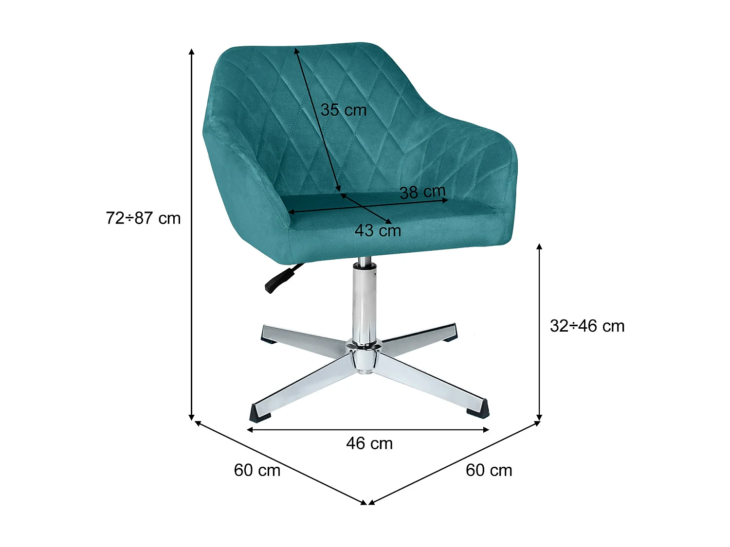 Poltrona ufficio regolabile in altezza in velluto verde petrolio, poltrona girevole mod. Louise