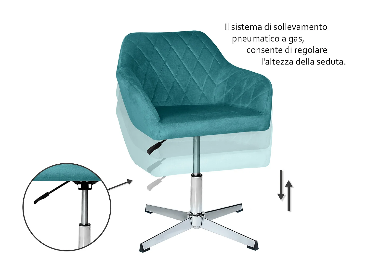 Poltrona ufficio regolabile in altezza in velluto verde petrolio, poltrona girevole mod. Louise