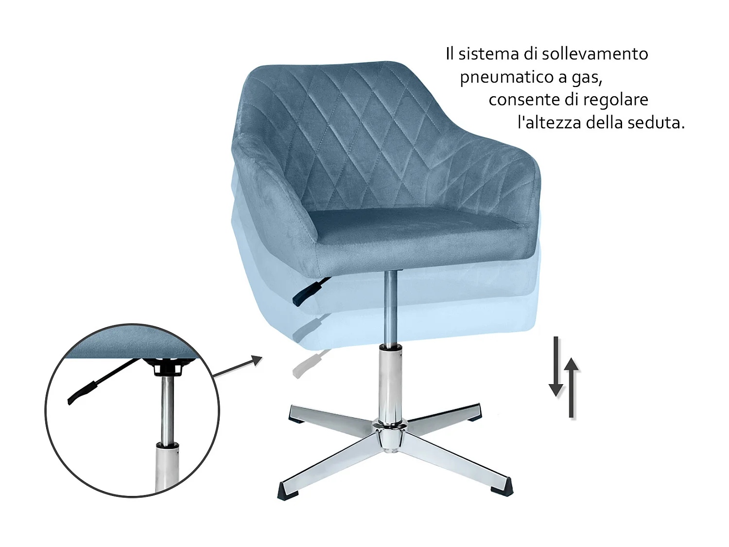 Poltrona ufficio regolabile in altezza in velluto carta da zucchero, poltrona girevole mod. Louise