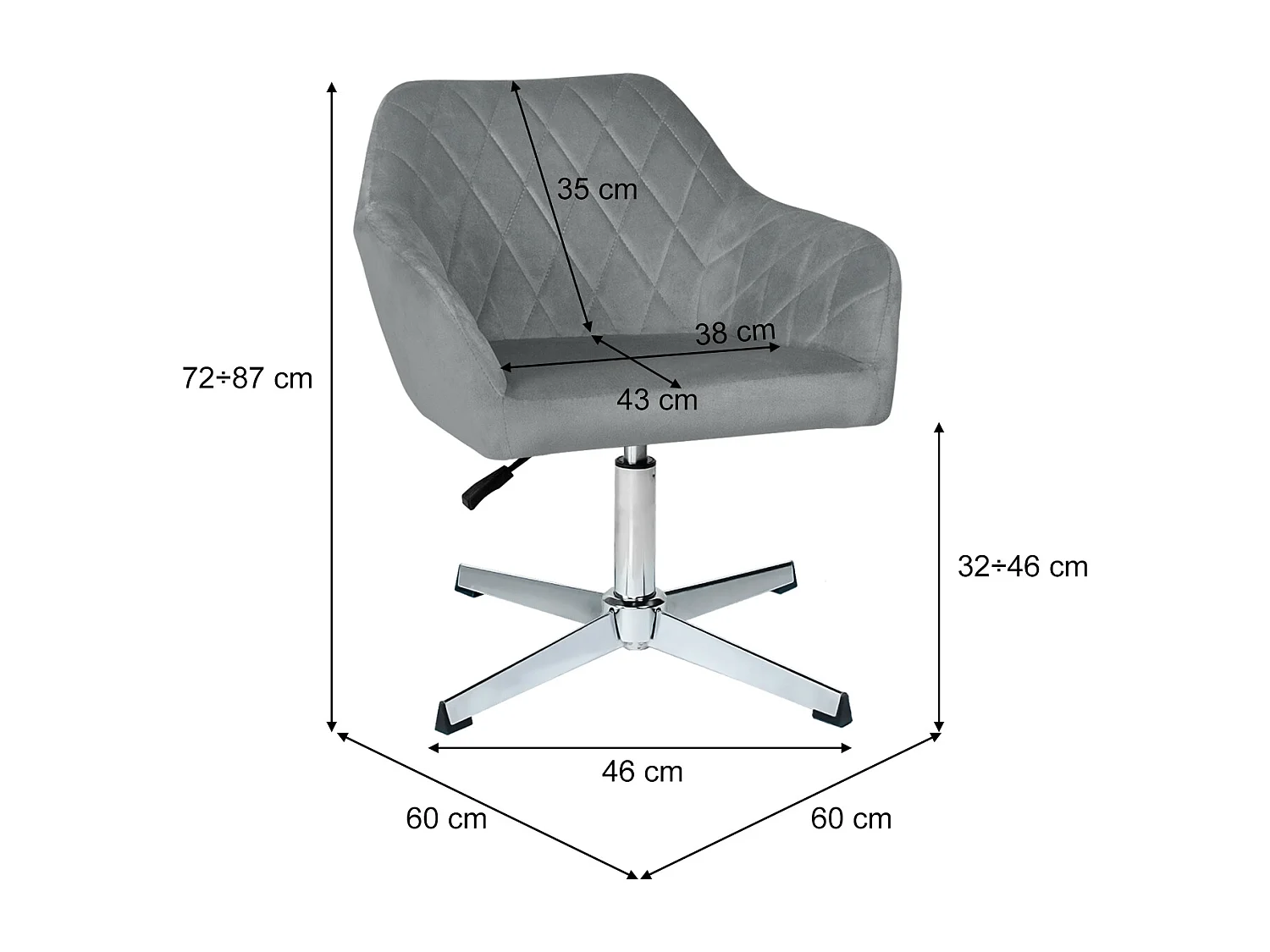Poltrona ufficio regolabile in altezza in velluto grigio, poltrona girevole mod. Louise
