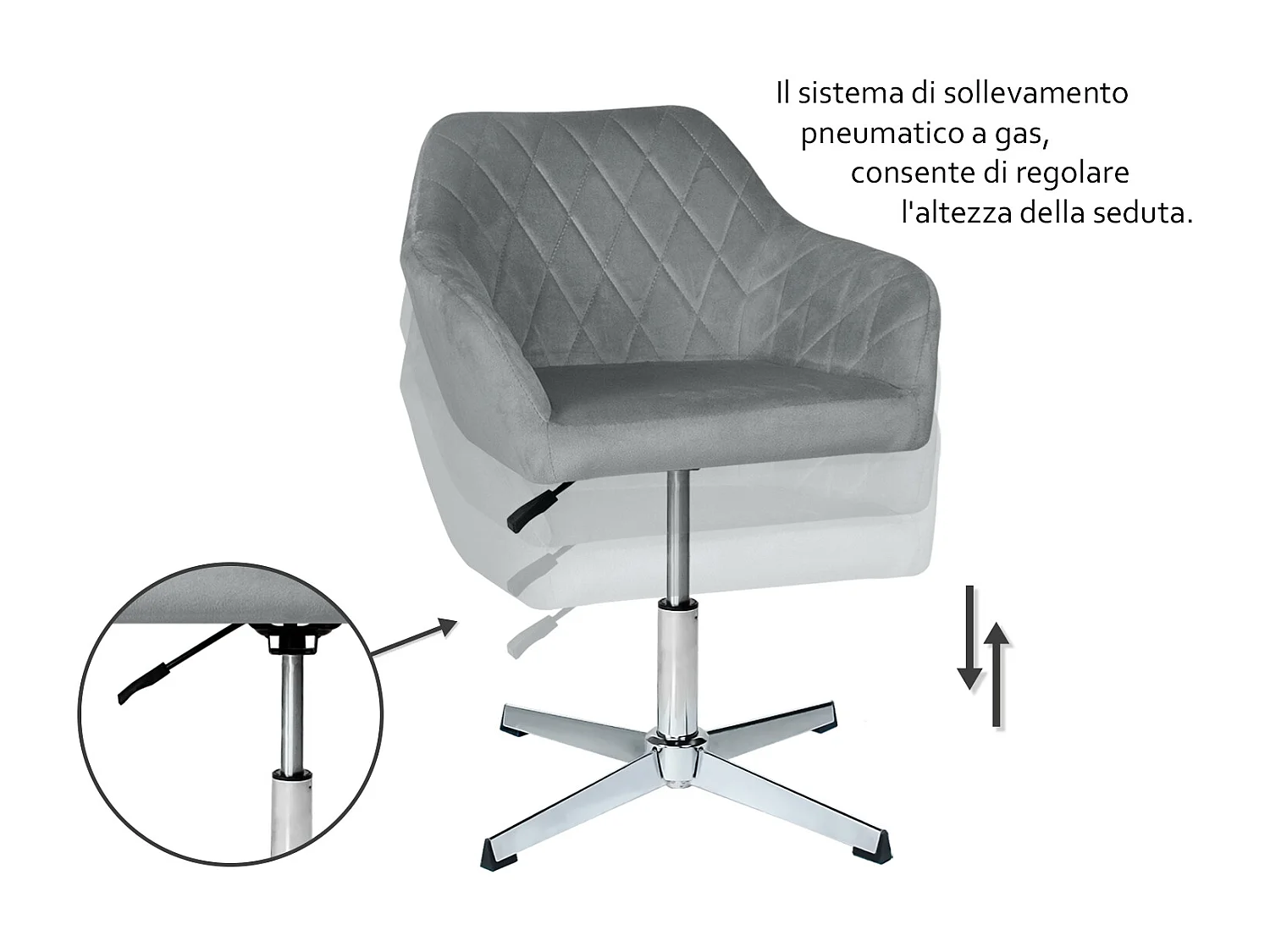 Poltrona ufficio regolabile in altezza in velluto grigio, poltrona girevole mod. Louise