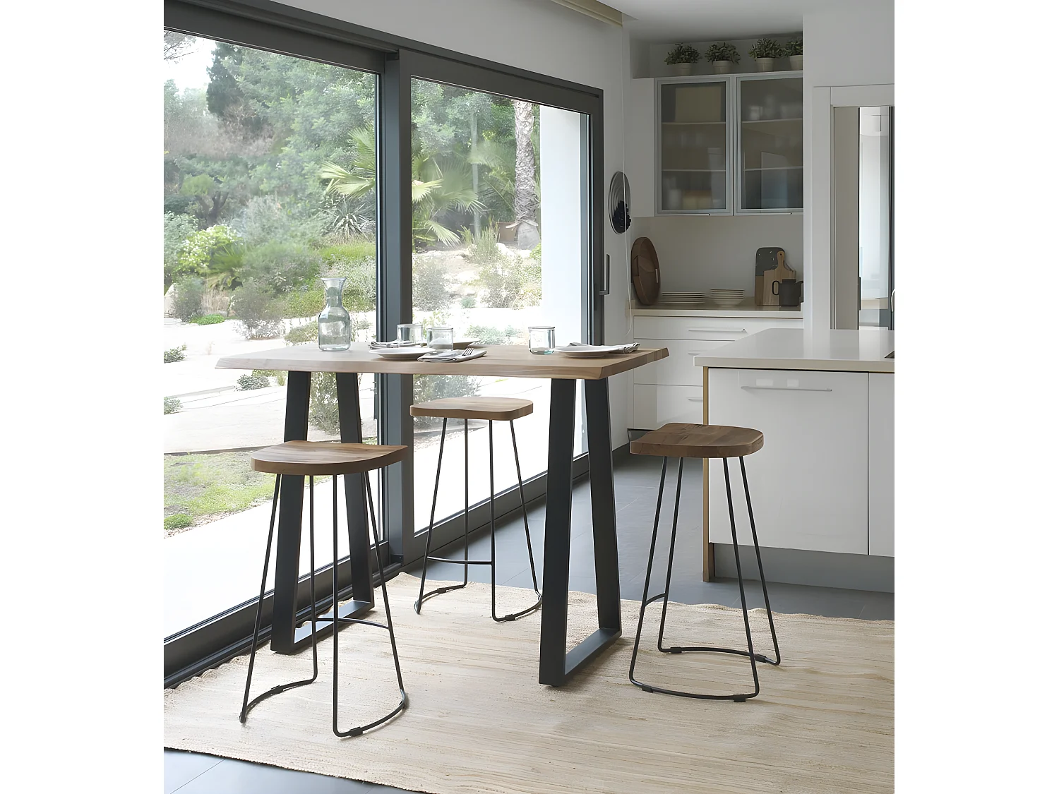 Mesa alta de bar 130x70 de madera maciza de acacia con patas metálicas negras