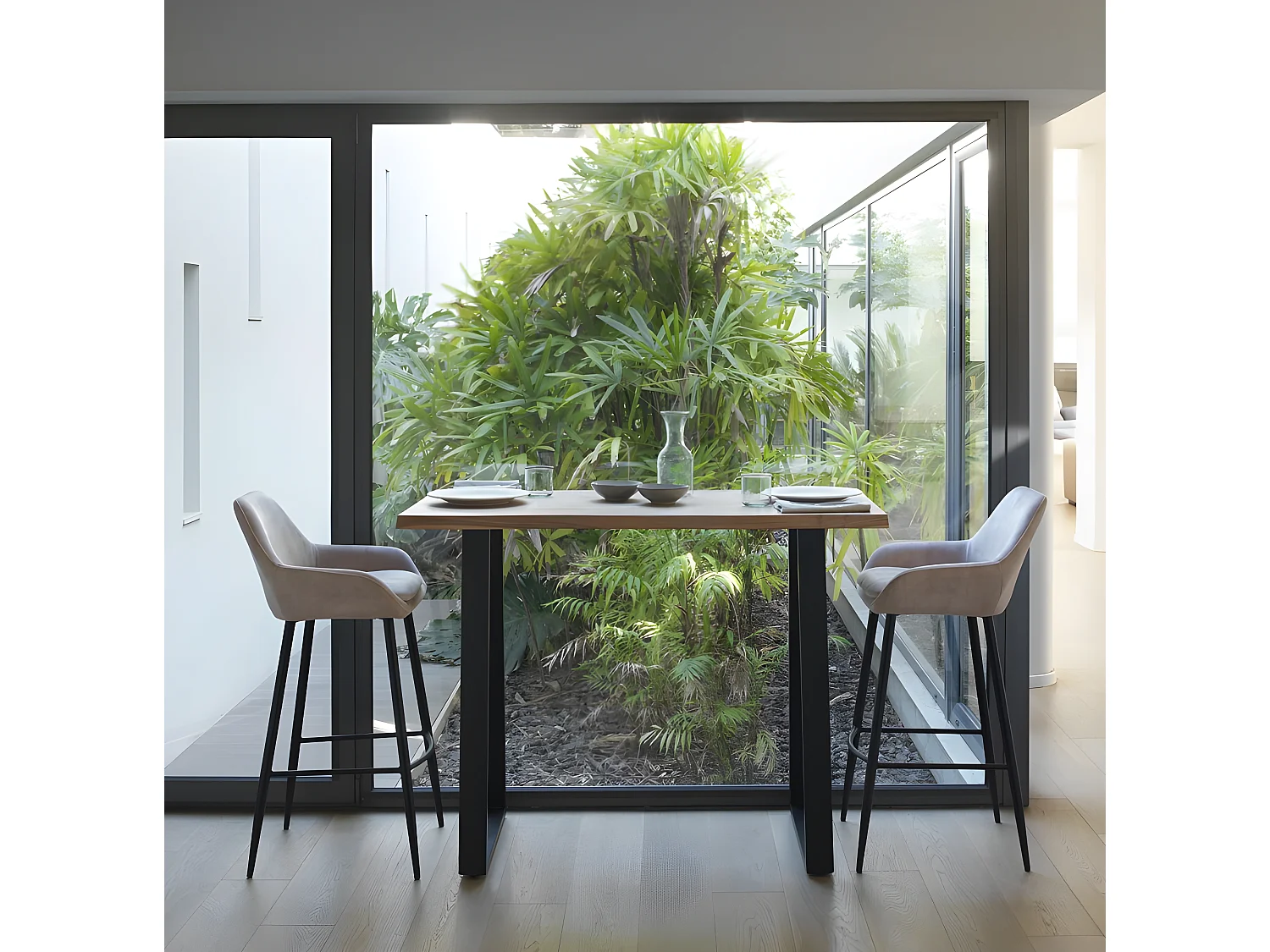 Mesa alta de bar 130x70 de madera maciza de acacia con patas metálicas negras